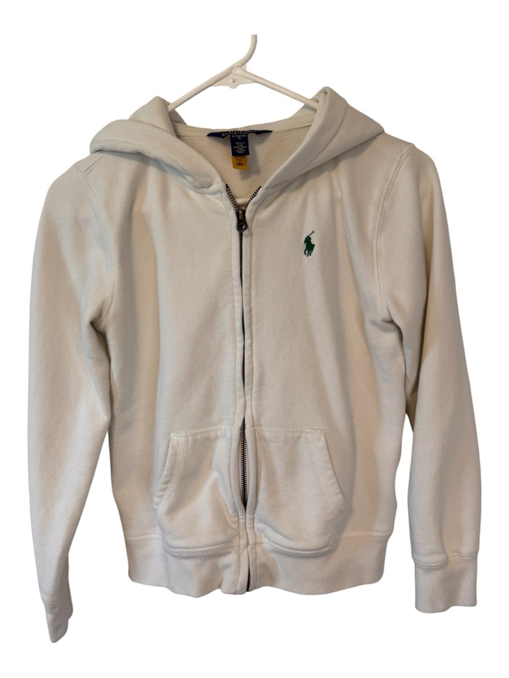 Polo Ralph Lauren Girls Large 12/14 White Ivory Full Zip Hoodie Green Pony Logo